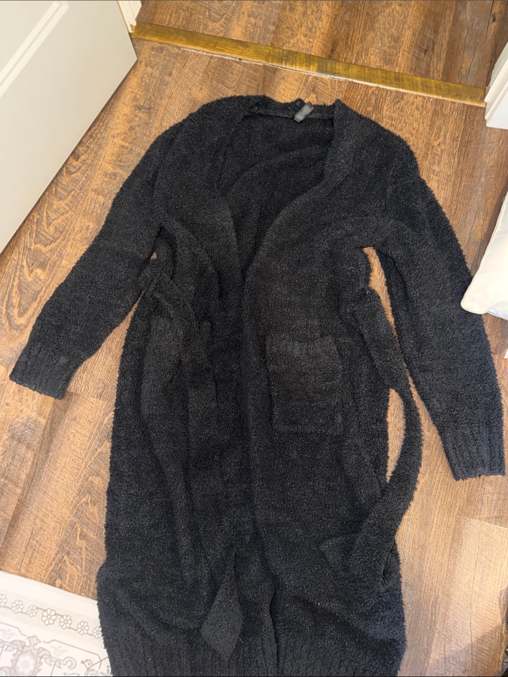 SKIMS Black Long Fuzzy Robe Cardigan with Belt